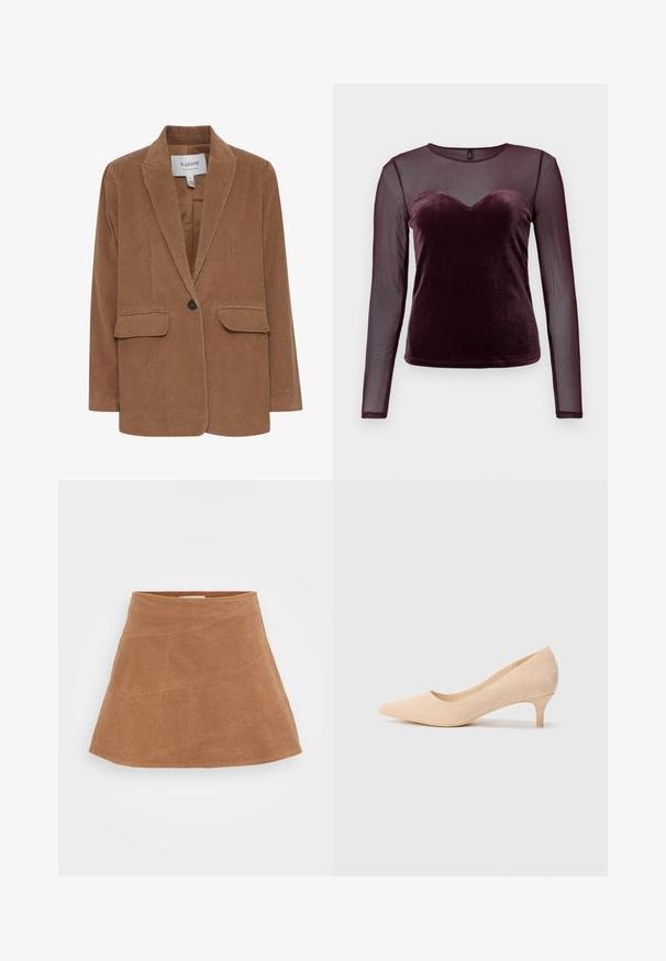 Braune Cord-Jacke mit Revers, zwei Fronttaschen, Ein-Knopf-Verschluss und glatter Innenausstattung.; Burgunderfarbenes Langarmtop mit einem Samtoberteil, Herz-Ausschnitt und durchsichtigen Mesh-Ärmeln, glatter Textur und taillierter Passform.; Brauner Cord-Minirock mit ausgestelltem Design, diagonal genähten Nähten und glatter Textur. Flacher Bund oben.; Beige Wildleder-Pumps mit hohen Absätzen, spitzer Zehenform und einem schlanken, 5 cm hohen Absatz. Glatte Textur mit minimaler Detailgestaltung auf der Oberfläche.