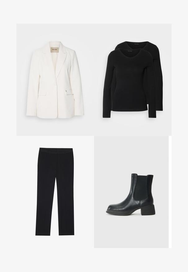 Blazer bianco con vestibilità sartoriale, revers a punta, due tasche frontali e chiusura con un bottone. Tessuto liscio con una leggera lucentezza.; Due camicie a maniche lunghe nere con design a V, realizzate in tessuto morbido e elasticizzato, che mostrano una superficie liscia e una forma aderente.; Pantaloni neri con un design a gamba dritta, dotati di tasche laterali e una texture di tessuto liscia. Dettagli minimi, vita pulita.; Stivaletto in pelle nera con pannelli laterali elasticizzati, punta arrotondata e tacco basso a blocco. La superficie ha una texture liscia e un design minimale.