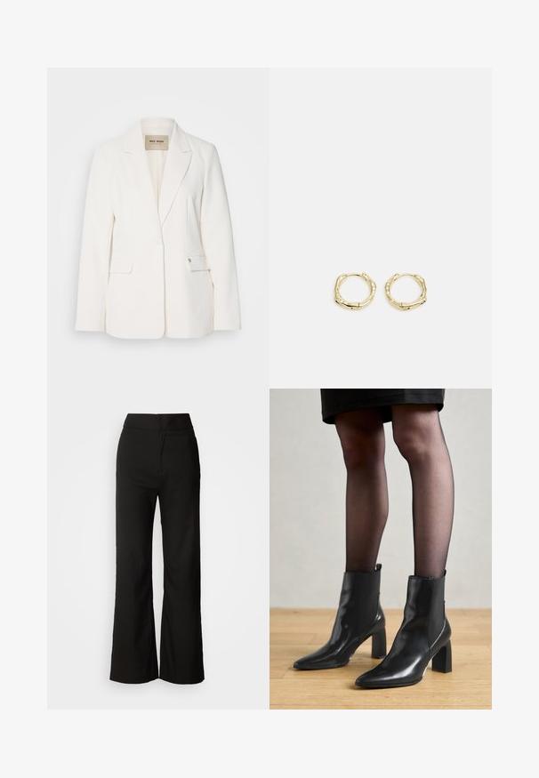 White blazer with tailored fit, notch lapels, two front pockets, and a single button closure. Smooth fabric with subtle sheen.; Long-sleeve T-shirt with a fitted shape, made of soft cotton. Features horizontal pink and white stripes and a wide neckline.; Black wide-leg trousers with a smooth texture, high waist, and a clean design. No visible pockets or embellishments.; Black leather ankle boots with a pointed toe, chunky square heel, and sleek design. Features elastic side panels for easy wear.; Gold hoop earrings with a textured, irregular shape. Features a seamless closure and a polished surface finish, emphasizing a modern design.