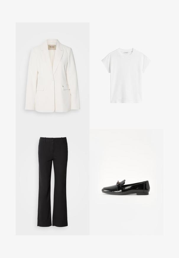 Balta švarkas su pritaikytu siluetu, notch tipo atlapais, dviem priekinėmis kišenėmis ir vienu mygtuku užsegimu. Skaidrus audinys su subtiliu blizgesiu.; Balta trumpa rankovė t-shirt pagaminta iš medvilnės. Savybės: laisvas kirpimas, apvalus kaklas ir šiek tiek nuleisti pečių siūlai. Be raštų ar akcentų.; Juodi medvilnės mišinio kelnės su tiesiu kirpimu, priekyje su mygtukų užsegimu ir dviem šoninėmis kišenėmis. Lygi tekstūra, be matomų raštų.; Juodas patentuotas odinis loaferis su plokščiu padu, apvaliu pirštu ir dekoratyvine juostele su auksine akcentu. Lygus, blizgantis paviršius.