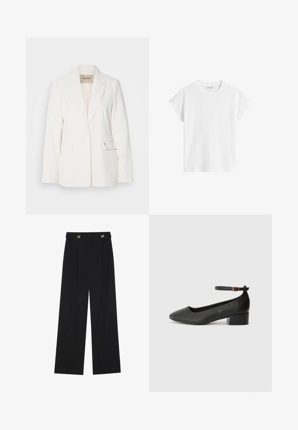 White blazer with tailored fit, notch lapels, two front pockets, and a single button closure. Smooth fabric with subtle sheen.; White short-sleeve t-shirt made of cotton. Features a relaxed fit with a crew neckline and slightly dropped shoulder seams. No patterns or accents.; Black wide-leg trousers with high waist, button details on waistband, and front pleats.; Black leather pump with a pointed toe and a low block heel. Features an ankle strap with a gold-tone buckle. Smooth texture.