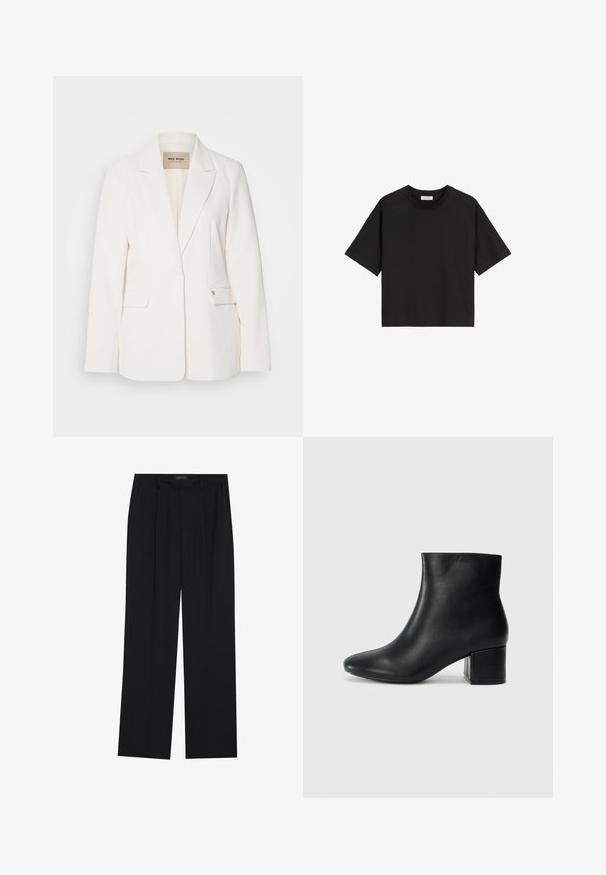 Witte blazer met een getailleerde pasvorm, notch-lapels, twee voorzakken en een enkele knoopsluiting. Gladde stof met een subtiele glans.; Zwarte katoenen t-shirt met korte mouwen, een ronde hals en een ontspannen pasvorm. Gladde textuur en eenvoudig ontwerp zonder patronen of versieringen.; Zwarte broeken met een rechte pijpontwerp, voorzien van twee voorkanten zakken en een tailleband. Gemaakt van een gladde, lichte stof.; Zwarte leren enkellaarzen met een spitse neus en een chunky hak. Gladde textuur met minimale accenten en een slank, strakk ontwerp.