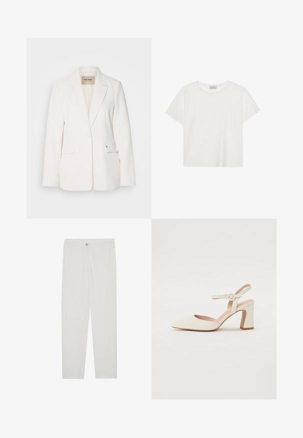 Witte blazer met een getailleerde pasvorm, notch-lapels, twee voorzakken en een enkele knoopsluiting. Gladde stof met een subtiele glans.; Witte T-shirt met korte mouwen, gemaakt van zachte katoen. Heeft een ronde halslijn en een relaxte pasvorm. Schoon ontwerp zonder zichtbare patronen of accenten.; Witte, op maat gemaakte broek met een rechte pijpdesign, featuring een knoopsluiting, riemlussen en zijzakken; gladde stoftextuur.; Puntige crèmekleurige pump met een blokhak. Voorzien van een dunne enkelband met een ronde gesp en een soepele leren textuur.