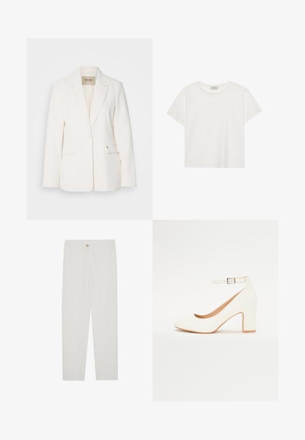 Hvid blazer med skræddersyet pasform, klapkraver, to forlommer og en enkelt knaplukning. Glat stof med subtil glans.; Hvid kortærmet T-shirt lavet af blødt bomuld. Har en rund halsudskæring og en afslappet pasform. Rent design uden synlige mønstre eller accenter.; Hvide, skrædderlavede bukser med lige ben design, udstyret med knaplukning, bæltesløjfer og sidelommer; glat stoftekstur.; Hvid højhælet sko med spids tå, blokhæln og ankelrem. Glat overflade med en subtil glans og beige inderforing.