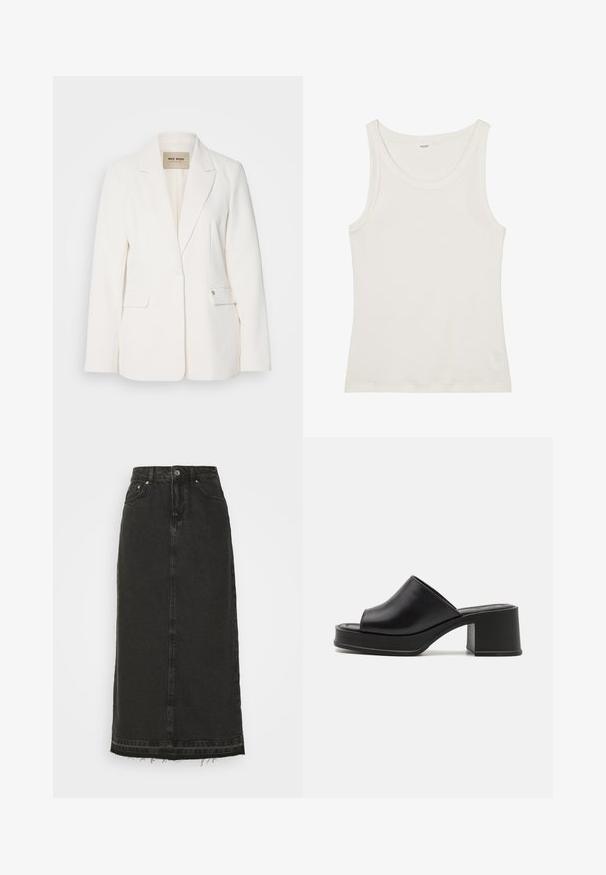 Weißer Blazer mit taillierter Passform, Reverskragen, zwei Fronttaschen und einer Knopfleiste. Glattes Material mit dezentem Glanz.; Weißes Baumwolltanktop mit weitem Ausschnitt und dünnen Schulterträgern. Glatte Textur ohne sichtbare Muster oder Verzierungen.; Schwarzer Denim-Midirock mit tailliertem Bund, vorderem Knopfverschluss und ausgefranstem Saum. Verfügt über ein klassisches Fünf-Taschen-Design und eine leichte Textur.; Schwarze Leder Plattform-Mules mit abgerundeter offener Zehe, niedrigem Blockabsatz und glatter Textur. Minimalistisches Design mit eleganten Linien.