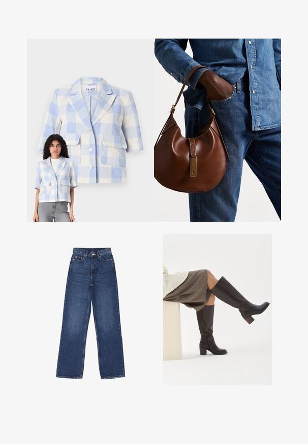 Kurzärmeliger, karierten Blazer in Hellblau und Weiß. Textilstruktur, zwei vordere Taschen, Knopfverschluss und eine lockere Passform.; Polo Ralph Lauren CABLE-KNIT WOOL-CASHMERE CARDIGAN - Strickjacke - authentic cream; Zwei ärmellose, gerippte Rollkragenoberteile in Braun und Schwarz, auf einem schlichten weißen Hintergrund präsentiert.; Weite blaue Jeans mit hoher Taille, Knopfverschluss, fünf Taschen und subtilen Verwaschungen auf dem Stoff.; Braune Lederstiefel bis zum Knie mit eckiger Zehenpartie, blockiertem Absatz und seitlichem Reißverschluss. Glatte Oberfläche mit polierter Optik.; Braune Leder-Hobo-Tasche mit runder Form, ausgestattet mit goldenen Hardware-Details und kontrastierenden Nähten. Kombiniert mit einem Jeanshemd und Jeans.