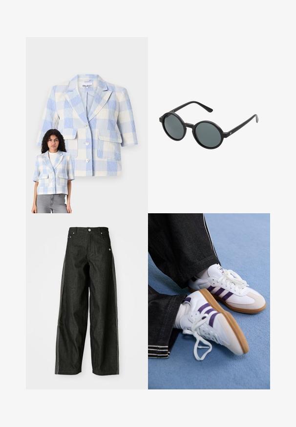 Kurtka w kratę z krótkim rękawem w jasnoniebieskim i białym kolorze. Teksturowany materiał, dwie przednie kieszenie, zapięcie na guzik i luźny krój.; Żółta bluza z kapturem z czarnymi i czerwonymi akcentami. Posiada grafikę rowerową i napis "Cyclone". Wykonana z miękkiego materiału, zebrany dół.; Czarne dżinsowe spodnie typu wide-leg z białymi bocznymi paskami, wyposażone w przednie kieszenie, zapinane na guzik i z subtelnym logo w pobliżu pasa.; Białe buty sportowe z purpurowymi paskami i brązowymi gumowymi podeszwami, z okrągłymi sznurówkami i wyściełanym kołnierzem. Noszone z ciemnymi dżinsami.; Okrągłe okulary przeciwsłoneczne z czarną plastikową oprawą i ciemnoszarymi soczewkami. Posiadają cienkie, proste zauszniki z minimalistycznymi akcentami.