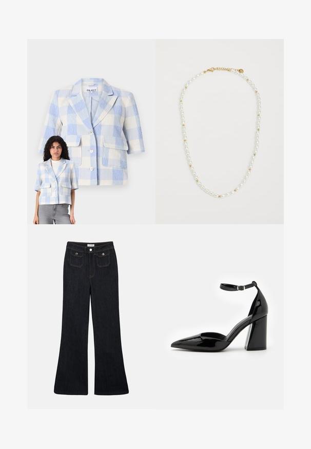 Korte mouw, geruite blazer in lichtblauw en wit. Getextureerde stof, twee voorzakken, knoopsluiting en een relaxte pasvorm.; Crème-kleurige top met korte mouwen, met een gesmokt textuur, V-hals en knoopsluiting. Lichtgewicht stof met subtiele pofmouwen.; Flared donkerdenim jeans met een hoge taille, twee voorzakken en oranje stiksels. Het materiaal lijkt stevig en glad.; Zwarte lakleren hoge hak met een spitse neus, enkelbandje en brede blokhak voor stabiliteit, met een gladde glanzende textuur.; Parelketting met afwisselend witte ovale parels en kleine gouden kralen, voorzien van een gouden sluiting om te bevestigen. Over het algemeen een gladde textuur.