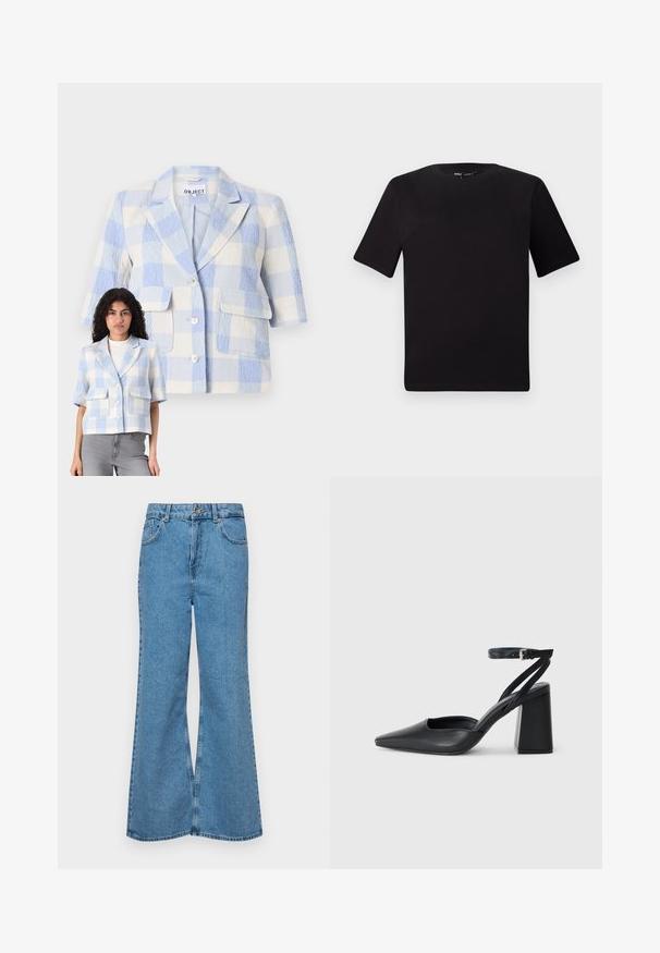 Kratek rokav, karirast blazer v svetlo modri in beli barvi. Teksturna tkanina, dve sprednji žepek, zapiranje s gumbi ter sproščeno prileganje.; Črna majica s kratkimi rokavi in okroglim izrezom, izdelana iz mehkega bombažnega materiala. Preprost dizajn, brez vidnih logotipov ali vzorcev.; Svetlo modri razširjeni džins hlače iz denima, z visokim pasom, petimi žepi in enim gumbom za zapiranje. Mehka tekstura z blagim zbledelim videzom.; Črne usnjene klasične čevlje z ostrim nosom, z zaponko za gleženj in debelim peto. Ravna tekstura, eleganten dizajn in minimalistična estetika.