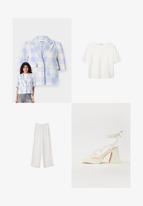 Kortärmad, rutigt blazer i ljusblått och vitt. Texturerat tyg, två framfickor, knäppning med knappar och en avslappnad passform.; Vit t-shirt med kort ärm i bomull. Har en rundad halsringning och en avslappnad passform. Slät textur utan synliga mönster eller detaljer.; Vita vida byxor i vid passform gjorda av ett lättviktsmaterial. Har en elastisk midja med dragsko och sidofickor. Slät textur.; Vit högklackad sandal med en kraftig klack, med ett remdesign och ankelband. Slät textur med en plattform framtill för ökad höjd.