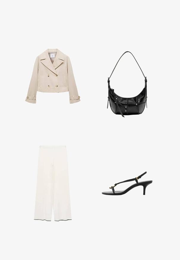 Mango Blazer - beige; Hvid T-shirt lavet af blødt, let stof. Har en rund halsudskæring og korte, brede ærmer med en afslappet pasform. Ingen synlige mønstre.; Videbenede bukser i cremefarvet stof med en glat tekstur. Har en enkel talje og sort kant langs sømmen for kontrast.; Sort læder kitten hæl sandal med tynde stropper, guldspænde og minimalistisk tå løkke på en hvid baggrund.; Sort læder skuldertaske med en buet form, der har sølvnitter og syning detaljer. Justerbar rem for alsidighed.