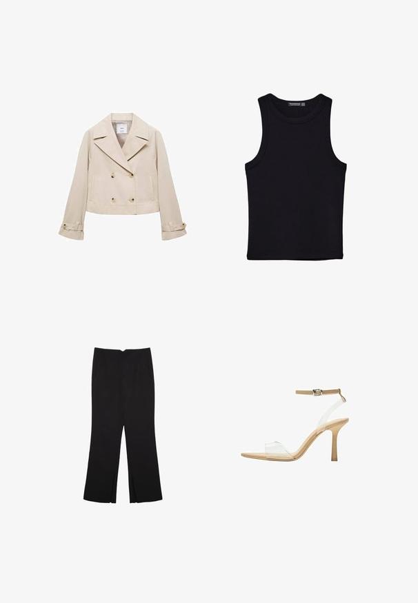 Mango Blazer - beige; Svart linne i bomull, med rund halsringning och breda armhål. Slät yta med sydda fållar. Klassisk, minimalistisk design.; Svarta byxor med rak passform, utrustade med framfickor och sidoklyvningar vid fållen. Tillverkade av mjukt, slätt tyg. Lämpliga för olika tillfällen.; Klart häl sandal med en transparent ovandel, beige fotbädd och en smal ankelrem. Har en spetsig tå och en tunn hög klack.