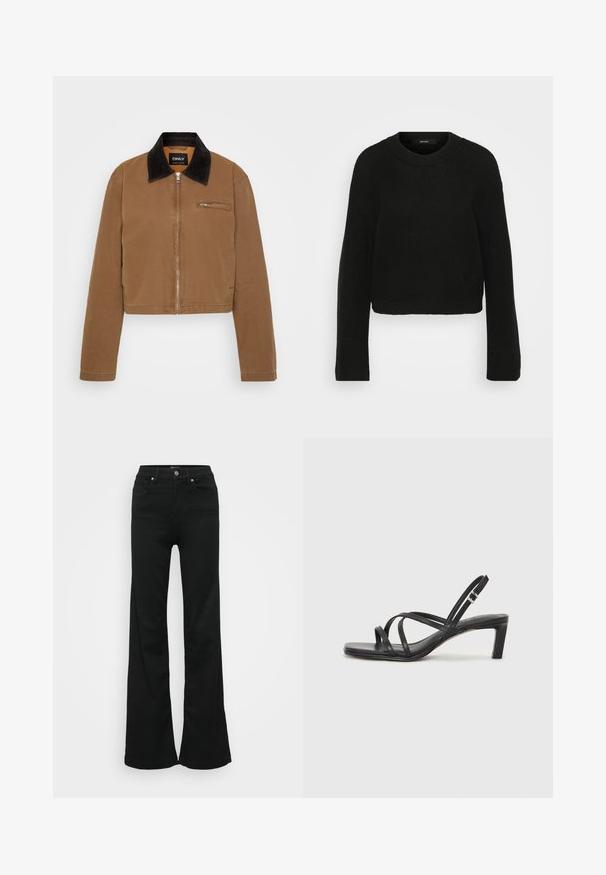 Brązowa krótka kurtka z czarnym kołnierzem z sztruksu, suwak z przodu i kieszeń na piersi. Gładki materiał z minimalnymi detalami przeszycia.; Czarny sweter z dzianiny z okrągłym dekoltem i długimi rękawami. Posiada teksturowany wzór oraz krótki krój.; Czarne dżinsy w kształcie dzwonu wykonane z denimu, z wysokim stanem, pięcioma kieszeniami i metalowym zapięciem. Gładka faktura z minimalnym zdobieniem.; Czarne sandały na obcasie z prostokątnym noskiem i niskim słupkowym obcasem. Posiadają wiele cienkich pasków i regulowany pasek na kostkę. Wykonane z gładkiej skóry.