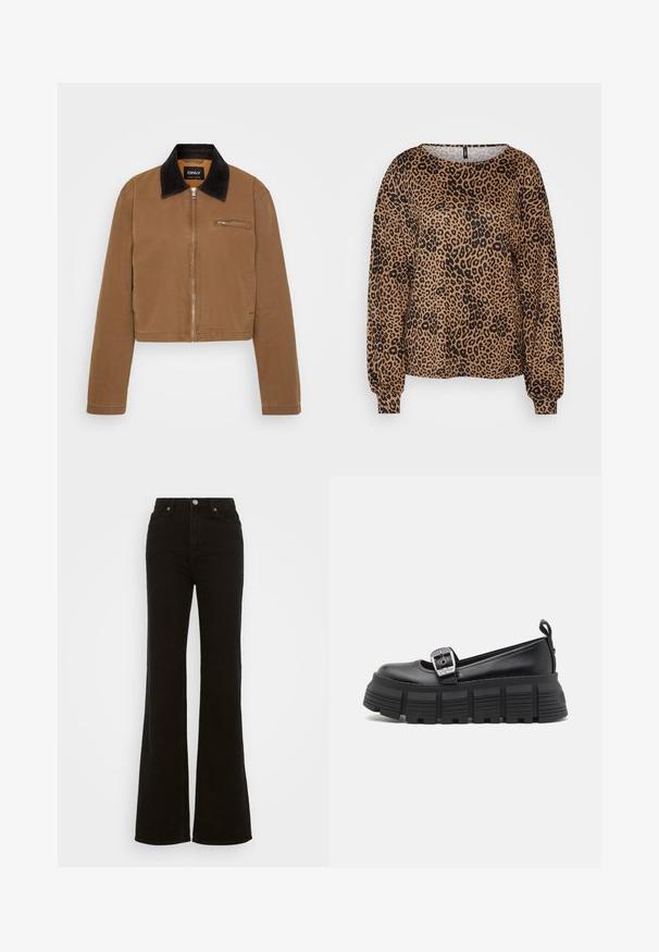 Barna cropped dzseki fekete kordbársony gallérral, elülső cipzárral és egy mellzsebbel. Simább anyag minimális varrási részletekkel.; Barna, hosszú ujjú pulóver fekete leopárdmintával, széles nyakkivágással és rugalmas mandzsettákkal. Puha, textúrált anyag, laza szabású.; Magas derekú fekete trapéz farmer, gombos záródással, oldalsó zsebekkel és sima textúrával.; Fekete platform loaferek lekerekített orral, sima bőrből készült felsőrésszel, állítható csattal és vízszintes bordázattal ellátott gumitalppal.
