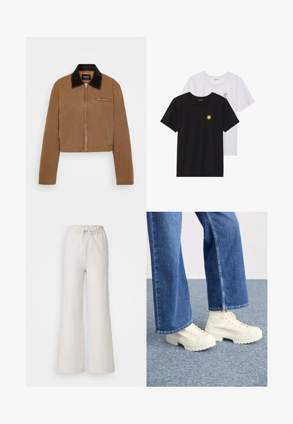 Giacca corta marrone con colletto in velluto a coste nero, zip frontale e tasca sul petto. Tessuto liscio con minimi dettagli di cucitura.; T-shirt in bianco e nero, girocollo, maniche corte. La maglietta nera presenta un ricamo di sole giallo; quella bianca ha un accento di luna crescente viola.; Pantaloni a gamba larga beige chiaro con cintura elastica e lacci regolabili. Realizzati in tessuto morbido; presentano un design semplice e senza decorazioni.; Sneaker alta bianche con suole spesse e rigate e dettaglio del logo circolare, indossate con jeans di denim azzurro chiaro a gamba larga.