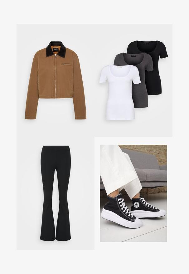 Brun cropped jakke med krage i svart kordfløyel, frontglidelås og brystlomme. Glatt stoff med minimale sømdetaljer.; Tre figurerte T-skjorter i hvit, grå og svart. Hver har en bred scoop-nakke og korte ermer. Laget av glatt, elastisk stoff.; Svarte flared bukser laget av elastisk stoff, med høy midje og en glatt tekstur. Buksene vidder ut fra kneet.; Sorte lerrets høy-top sneakers med hvite gummisulinger og snørebånd. Har et rundt logo på siden og kontrasterende hvite sting.