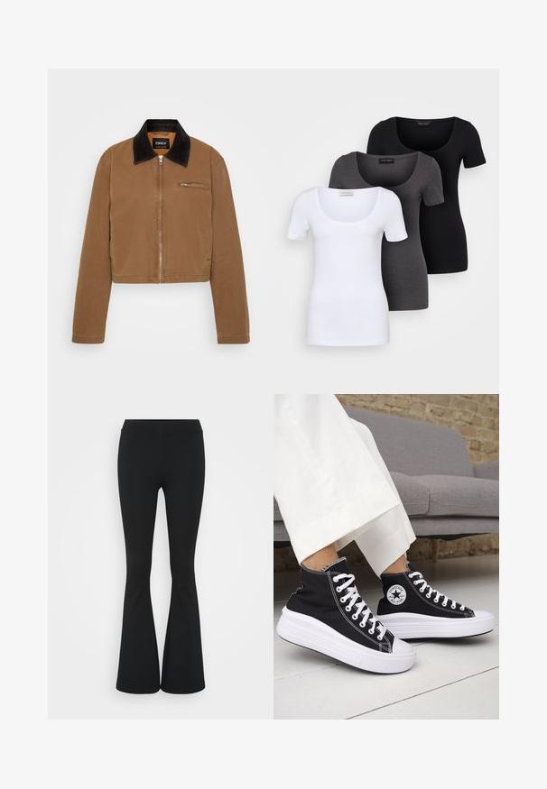 Chaqueta recortada marrón con un cuello de pana negro, cremallera frontal y un bolsillo en el pecho. Tejido suave con detalles de costura mínimos.; Tres camisetas ajustadas en blanco, gris y negro. Cada una cuenta con un escote amplio y mangas cortas. Están hechas de una tela suave y elástica.; Pantalones negros de campana hechos de una tela elástica, con una cintura alta y una textura suave. Los pantalones se ensanchan desde la rodilla.; Zapatillas altas negras con suelas de goma blancas y cordones blancos. Presentan un parche redondo con logo y costuras blancas contrastantes. Material de lona.