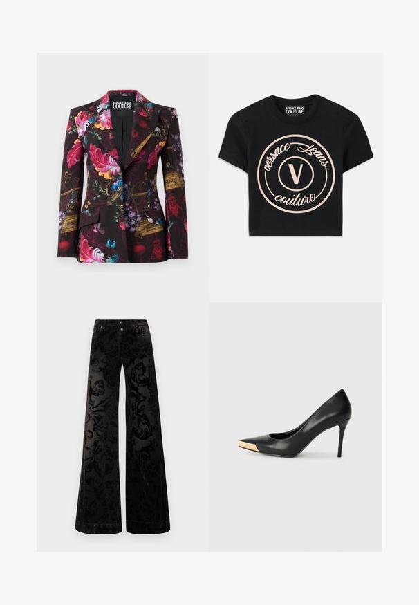 Blazer nero con motivi floreali, gabbia per uccelli, farfalle e uccelli colorati, caratterizzato da un colletto a scialle e chiusura con un solo bottone.; T-shirt nera in cotone con un grande logo circolare beige recante la scritta "Versace Jeans Couture" e una "V" centrale in un font elegante. Maniche corte.; Pantaloni neri a gamba larga realizzati in velluto con motivo a onde strutturate, caratterizzati da un design a vortice testurizzato, due bottoni frontali e uno stile classico da denim.; Pump nera in pelle con tacco alto e punta affilata; presenta un accento metallico dorato sulla parte superiore. Superficie liscia con un design elegante.