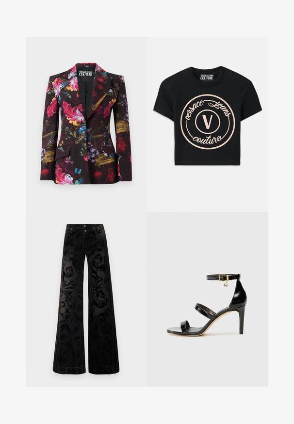 Čierny blazer s farebnými vzormi kvetov, vtáčích klietok, motýľov a vtákov, s klopovým golierom a zapínaním na jeden gombík.; Čierne bavlnené tričko s krátkymi rukávmi, ktoré má veľké béžové kruhové logo s nápisom "Versace Jeans Couture" a centrálnym "V" v elegantnom písme.; Čierne nohavice s širokými nohavicami z vzorovaného zamatového materiálu s textúrovaným špirálovým dizajnom, dvoma prednými gombíkmi a klasickým džínsovým štýlom.; Čierne lakované sandále s tromi pásikmi, spona na členku a 10 cm ihlovým podpätkom. Obsahujú zlaté detaily s hardwarem a logo prívesok.