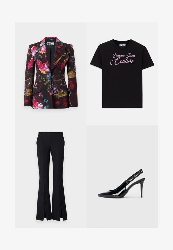 Czarna marynarka z kolorowymi wzorami kwiatowymi, klatką dla ptaków, motylami i ptakami, z kołnierzem z wykładanym brzegiem i zapięciem na pojedynczy guzik.; Czarna bawełniana koszulka z krótkim rękawem z różowymi dżetami w kształcie kamieni ozdobnych, z napisem "Versace Jeans Couture" na piersi.; Czarne spodnie w kształcie dzwonów wykonane z gładkiego materiału, z rozporkami na rękawie związanymi kokardkami dla dodatkowego efektu.; Czarne lakierowane czółenka na obcasie z końcówką w szpic, z wycięciem i elastycznym paskiem z wytłoczonym logo marki.