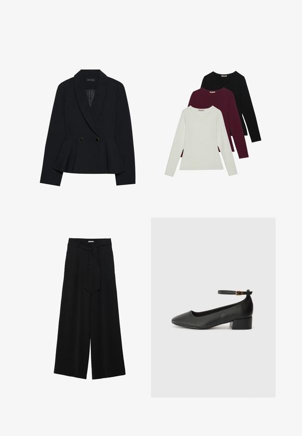 Juodas peplum švarkas su apvaliu atlapu, dviguba mygtukų užsegimu su auksiniais akcentais ir struktūrizuota forma. Lygus audinio paviršius.; Ilgomis rankovėmis marškiniai baltos, bordo ir juodos spalvos. Pagaminti iš minkštos medžiagos, su apvaliu iškirpimu ir prigludusia forma. Tinka sluoksniavimui.; Juoda plačių kojų kelnės, pagamintos iš tekstūruoto audinio, su elastingu juosmeniu ir atsegamu diržu juosmenyje, leidžiančiu reguliuoti dydį.; Juodas odinis aukštakulnis batelis su smailiu pirštu ir žemu bloku. Su kulkšnies dirželiu su auksinės spalvos sagtimi. Lygus paviršius.