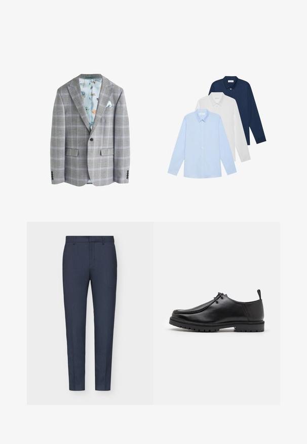 Blazer grigio a quadri con fodera interna floreale azzurro chiaro, due tasche frontali, rever a lancia e chiusura frontale con un bottone.; Tre camicie a maniche lunghe: azzurra chiara, bianca e blu navy. Tutte hanno un colletto classico e una chiusura con bottoni, realizzate in tessuto liscio.; Pantaloni su misura blu navy con texture liscia, vestibilità slim, piega centrale e passanti per cintura. Il tessuto presenta un delicato motivo intrecciato.; Scarpa nera in pelle con lacci e suola robusta, con un pratico anello sul tallone, vista di lato su sfondo bianco.