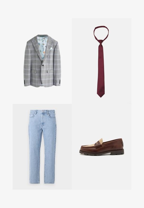 Pelēkā šķērslieta žakete ar gaiši zilu ziedu oderi, divām priekšējām kabatām, notch atloki un vienu pogu priekšpusē.; Balta gara piedurkņu pogājamā krekls, kas izgatavots no gludas auduma. Iezīmē klasiskās apkakles, priekšējās pogas un pogturi ar vienu pogu. Šaura piegriezuma dizains.; Gai zila džinsu bikses ar taisnu kāju dizainu, piecām kabatām un pogu aizdari. Mīksta tekstūra ar klasisku izsistumu.; Brūni ādas loafers ar pelēkā kanvas akcentu, stitch detail un teksturētu gumijas zoli, kas paredzēta komfortam un izturībai.; Burgundijas krāsas satīna kaklasaite ar gludu tekstūru, šauru platumu un norādītu galu; tai ir cilpa vieglai uzvilkšanai.