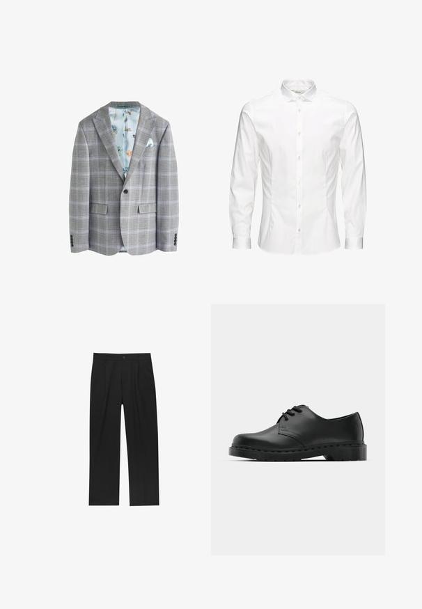 Blazer grigio a quadri con fodera interna floreale azzurro chiaro, due tasche frontali, rever a lancia e chiusura frontale con un bottone.; Camicia bianca a maniche lunghe con bottoni, realizzata in un tessuto liscio. Caratterizzata da un colletto classico, bottoni frontali e polsini con un bottone. Design slim fit.; Pantaloni neri con un design a gamba dritta, realizzati in un tessuto liscio. Presentano pieghe frontali e una chiusura a un bottone in vita.; Scarpa oxford in pelle nera con design con lacci, punta arrotondata, suola piatta in gomma e dettagli di cucitura discreti lungo la parte superiore.