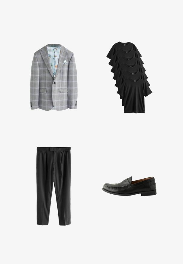 Šedý kostkovaný sáčko s světle modrou květinovou podšívkou, dvěma předními kapsami, klopami a jedním knoflíkem na předním zapínání.; Sada šesti černých triček s krátkým rukávem vyrobených z bavlny, s kulatým výstřihem a rovním lemem, s hladkou texturou.; Next REGULAR FIT -CHECK SMART - Chino kalhoty - black; Černé kožené mokasíny s hladkým povrchem, zaoblenou špičkou, ručně šitými detaily a nízkou gumovou podešví. Klasický a univerzální design.
