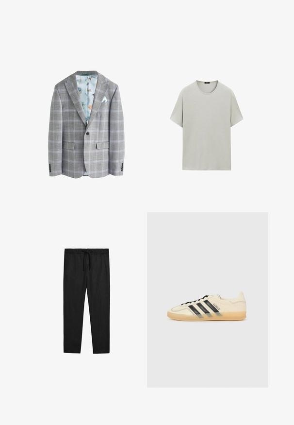 Grau karierter Blazer mit einem hellblauen floralen Innenfutter, zwei vorderen Taschen, Reverskragen und einer einzelnen Knopfleiste vorne.; Hellgraues kurzärmliges T-Shirt aus weichem Baumwollstoff, mit klassischem Rundhalsausschnitt und lässigem Schnitt ohne sichtbare Nähte.; Massimo Dutti JOGGER FIT - Stoffhose - black; Helle Creme Sneaker mit schwarzem Drei-Streifen-Design, strukturiertem Obermaterial, runder Zehenpartie und Gummisohle. Verfügt über Schnürsenkel und Branding an der Seite.