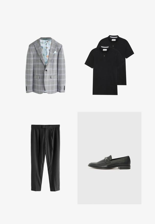 Pilkos plaid švarkas su šviesiai mėlynu gėlių vidiniu pamušalu, dviem priekinėmis kišenėmis, įpjovomis apykaklėmis ir vienu mygtuku priekyje.; Du žaidimų juodos polo marškiniai, trumpomis rankovėmis, pagaminti iš medvilnės, su klasikinėmis apykaklėmis, dviem mygtukais priekyje ir baltais dryžiais apykaklės viduje.; Next REGULAR FIT -CHECK SMART - Chino stiliaus kelnės - black; Juodos odinės loafer tipo bateliai su lygiu paviršiumi, turintys siuvinėtą dizainą ir dekoratyvų metalo grandinėlės akcentą ant batų viršaus. Plokščias kulnas.