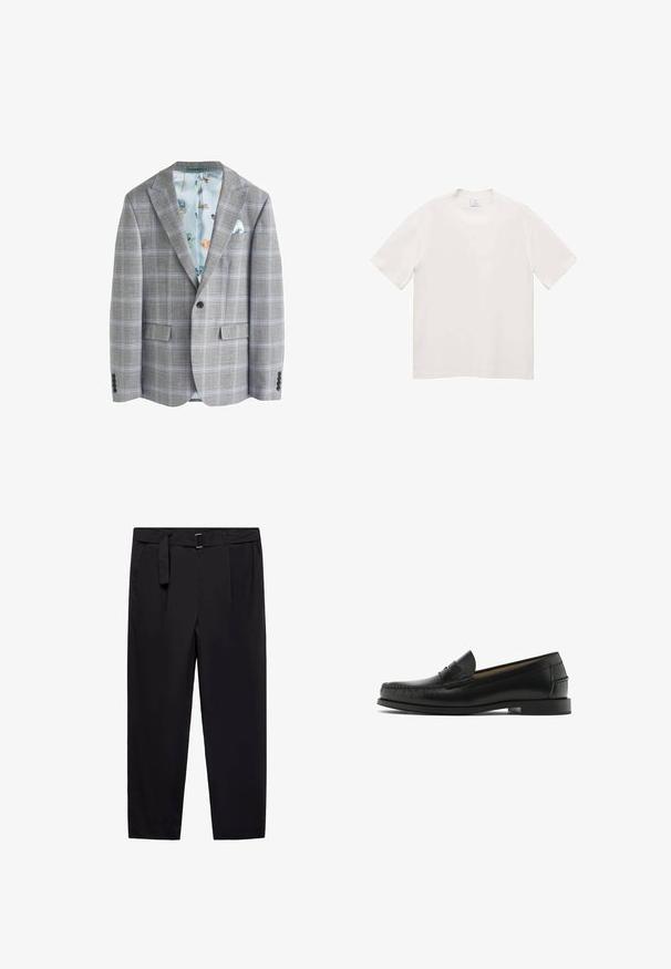 Grå ternet blazer med en lys blå blomsterfoder, to forlommer, knapkrave og en enkelt knap-lukning foran.; Hvid kortærmet T-shirt lavet af blødt stof. Rund halsudskæring, lige snit, ingen synlige mønstre eller hardware detaljer.; Sorte bukser med lige pasform, bæltestropper og et aftageligt bælte. Glat stof med sidelommer og ingen synlige mønstre eller hardware.; Sorte læder loafers med synligt detaljearbejde, rund tå og en lille blokhæl. Glat overflade med minimalistisk design og slip-on stil.