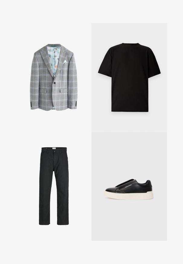 Gray plaid blazer with a light blue floral inner lining, two front pockets, notch lapels, and a single button front closure.; Black short-sleeve T-shirt made from ribbed fabric. Features a round neckline and a relaxed fit with a smooth texture. Back view only.; Black pants made of durable fabric, featuring a straight-leg design, stitched accents, and two front pockets for functionality.; Black slip-on sneaker with textured leather upper, white rubber sole, and no visible laces. Features brand logo on the side.