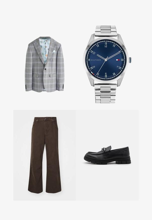 Hall Gray tartanisak, millel on helesinine lilleline vooder, kaks esiktaskut, nurksuured all ja ühe nupu kinnitamine ees.; Kaks sobivat tanktoppi mustas ja valges. Valmistatud ribades puuvillast, neil on laiad rihmad ja ümarad kaelused. Bränding krael.; Pruuni laiad püksid, mis on valmistatud puuvillast, kõrge veejoone, ees olevate taskute ja sileda tekstuuriga. Viimistlus sisaldab peeneid õmblusdetailide.; Must hästnahkade läiked, millel on ümar nina, dekoratiivne rihm ja hõbedased detailid ning paks tekstureeritud talla. Sile viimistlus koos peente detailidega.; Hõbedane metallkell harjatud sinise sfääri, valgete tunnimarkerite ja kuupäeva kuvamisega. Omab kinnitatud metallist rihma ja kaubamärgi logo.