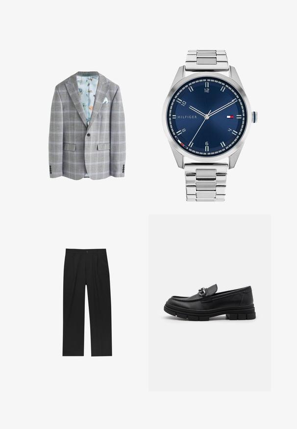 Gray plaid blazer with a light blue floral inner lining, two front pockets, notch lapels, and a single button front closure.; Two fitted tank tops in black and white. Made of ribbed cotton, they feature wide straps and rounded necklines. Branding on the collar.; Black pants with a straight-leg design, made from a smooth fabric. Features front pleats and a single button closure at the waist.; Black leather loafer with a rounded toe, a decorative strap and hardware, and a chunky textured sole. Smooth finish with subtle detailing.; Silver metal watch with a brushed blue dial, white hour markers, and a date display. Features a linked metallic band and brand logo.