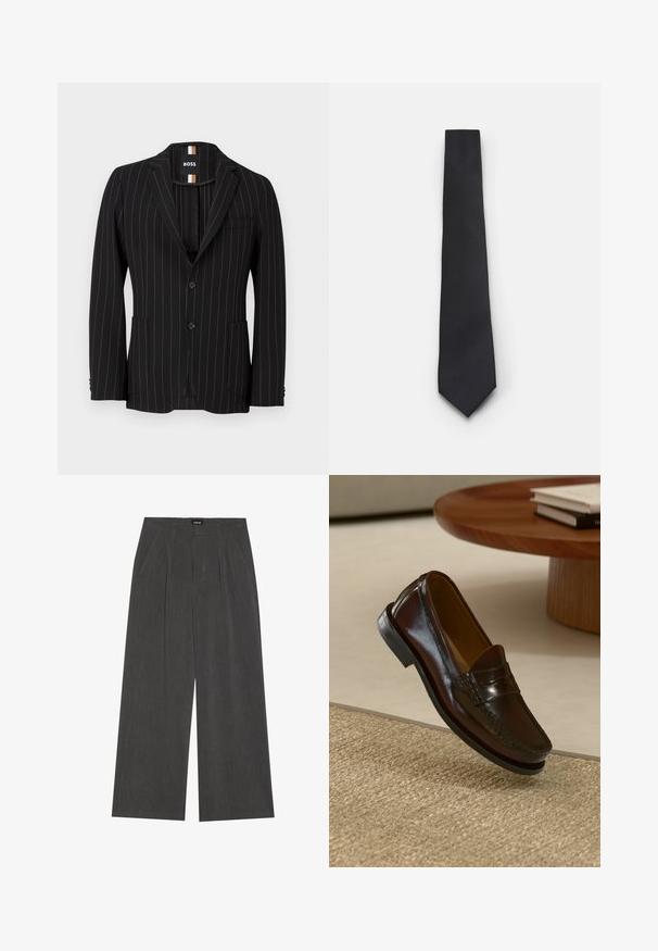 Musta triibuline bleiser kahe nupuga, teravate läbijate, külgtaskute ja peene tekstuuriga. Vooderdatud siseosa sisaldab kontrastset silti.; Valge nööbiga särk pikade varrukatega, sileda puuvillase kangaga, klassikalise kraega ja delikaatse sädelusega. Ees on viis nööd.; Tumed jalgadega püksid tumesinises kangas, millel on volditud esiosa, kaks küljetaskut ja lame vöökoht. Sile tekstuur ja kohandatud disain.; Pruunist nahast loafersid, millel on läikiv viimistlus, esiosas tikand ning madala profiiliga must kummitald.; Kitsas musta lips, millel on tekstureeritud, diagonaalne ribakujuline muster. Omab teravat otste ning sileda viimistlusega. Sobib ametlikeks üritusteks.