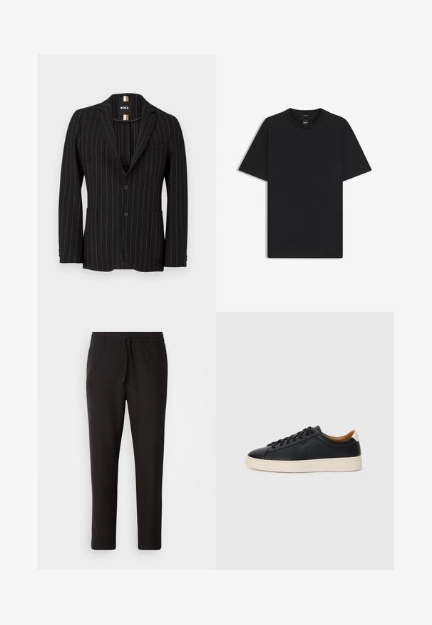 Czarny marynarka w prążki z dwoma guzikami, szpiczastymi klapami, bocznymi kieszeniami i subtelną fakturą. Podszewka z kontrastową metką.; Czarny t-shirt krótki rękaw wykonany z gładkiej mieszanki bawełny, z okrągłym dekoltem i minimalistycznym designem bez wzorów czy akcentów.; Czarne spodnie dresowe wykonane z gładkiego materiału. Posiadają elastyczny pas ze sznurkiem, zwężane nogawki oraz brak widocznych kieszeni. Prosty design.; Czarne skórzane trampki o gładkiej fakturze, jasnobrązowa gumowa podeszwa, sznurowana konstrukcja i kontrastujący akcent na pięcie.