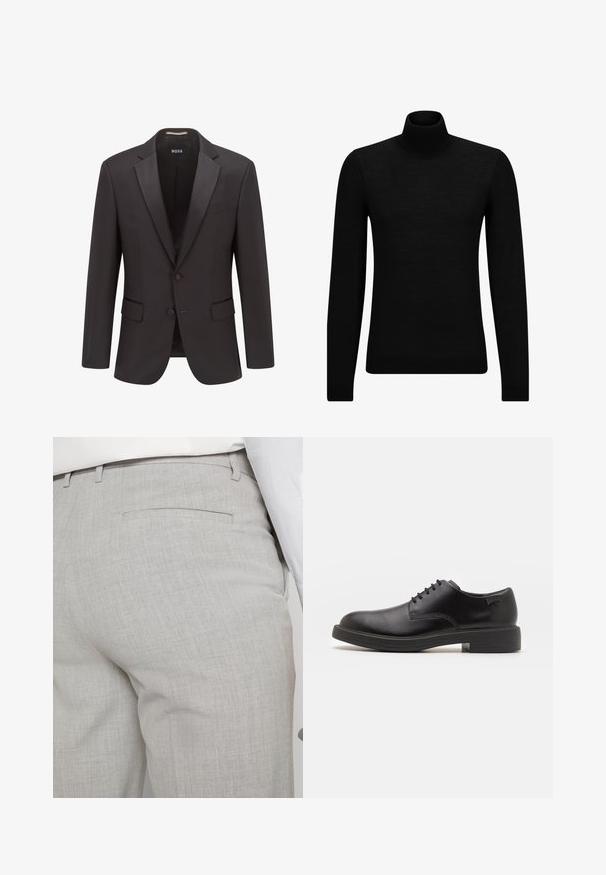 Giacca da smoking nera con revers in raso, chiusura con un solo bottone, due tasche frontali e una texture sottile. L'etichetta riporta "BOSS".; Maglione a collo alto nero realizzato in materiale morbido, con maniche lunghe e vestibilità aderente. Bordo a coste all'orlo e ai polsini. Design semplice.; Pantaloni sartoriali grigio chiaro realizzati in tessuto strutturato, con una tasca posteriore singola e cuciture pulite.; Scarpa nera in pelle con lacci, punta tonda, texture liscia, cuciture minime e tacco in gomma basso. Logo sul tacco.