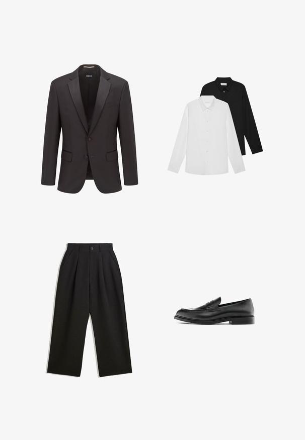Giacca da smoking nera con revers in raso, chiusura con un solo bottone, due tasche frontali e una texture sottile. L'etichetta riporta "BOSS".; Camicie a manica lunga bianche e nere con colletto a punta, bottoni frontali e una texture del tessuto liscia. Etichette visibili all'interno del collo.; Pantaloni neri con una vestibilità comoda, caratterizzati da pieghe frontali, tasche laterali e chiusura con bottone. Realizzati in tessuto testurizzato.; Mocassino penny in pelle nera con tacco basso, punta arrotondata e dettagli cuciti lungo la tomaia, mostrato in profilo laterale su uno sfondo bianco.