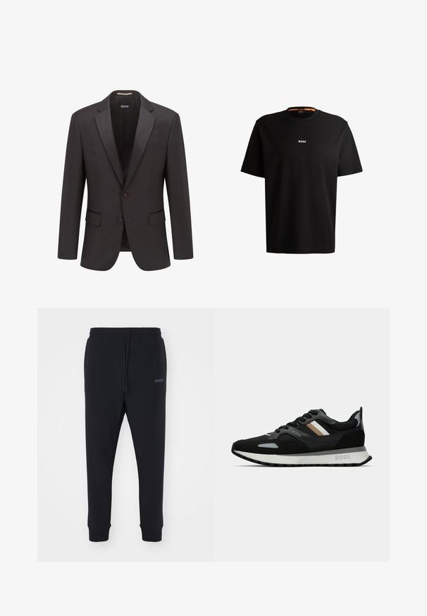 Crna smoking jakna s satenastim reverima, zatvaranje na jedan gumb, dva prednja džepa i suptilnom teksturom. Oznaka kaže "BOSS."; Crna pamučna majica s okruglim izrezom, kratkim rukavima i bijelim logotipom "BOSS" na sredini prsnog dijela. Glatka tekstura, ležeran kroj.; Crne trenerke napravljene od mekog materijala s elastičnim pojasom, vezicom i suženim nogavicama. Imaju mali logo sa strane.; Crne trkačke tenisice s teksturiranom površinom, svijetlosivim akcentima i tri horizontalne pruge u smeđoj boji. Imaju bijelu podstavljenu potplat.