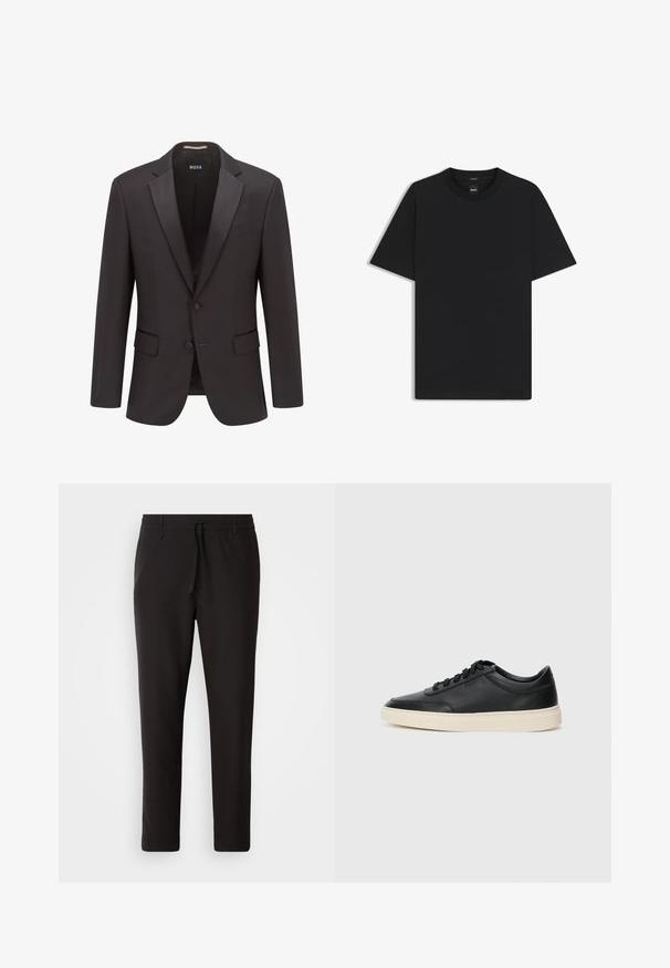 Zwart tuxedojack met satijnen revers, sluiting met één knoop, twee voorzakken en een subtiele textuur. Etiket zegt "BOSS."; Zwarte korte mouwen T-shirt van een gladde katoenmix, met een ronde halslijn en een minimalistisch ontwerp zonder patronen of accenten.; Zwarte joggingsbroek van gladde stof. Kenmerkt zich door een elastische tailleband met een trekkoord, taps toelopende benen en geen zichtbare zakken. Eenvoudig ontwerp.; Zwarte leren sneaker met lage schacht, zwarte veters en off-white zool, weergegeven in zijprofiel op een witte achtergrond.