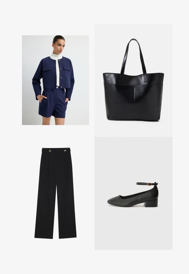 Granatowa krótka kurtka z detalami w postaci złotych guzików i dwoma kieszeniami na piersi, zestawiona z wysokimi szortami w tym samym materiale i kolorze.; Czarny t-shirt z dekoltem w kształcie litery V i krótkim rękawem, o luźnym kroju. Wykonany z miękkiej tkaniny, charakteryzuje się prostym wzornictwem i czystymi liniami, bez wzorów ani dodatkowych akcentów.; Czarne szerokie spodnie z wysokim stanem, z detalami w postaci guzików na pasku oraz plisami z przodu.; Czarne skórzane szpilki z ostrym noskiem i niskim słupkowym obcasem. Wyposażone w pasek na kostkę z złotym zapięciem. Gładka tekstura.; Czarna skórzana torba na ramię z dwoma długimi uchwytami, gładką teksturą i sztywną formą. Posiada przednią kieszeń dla dodatkowego przechowywania.