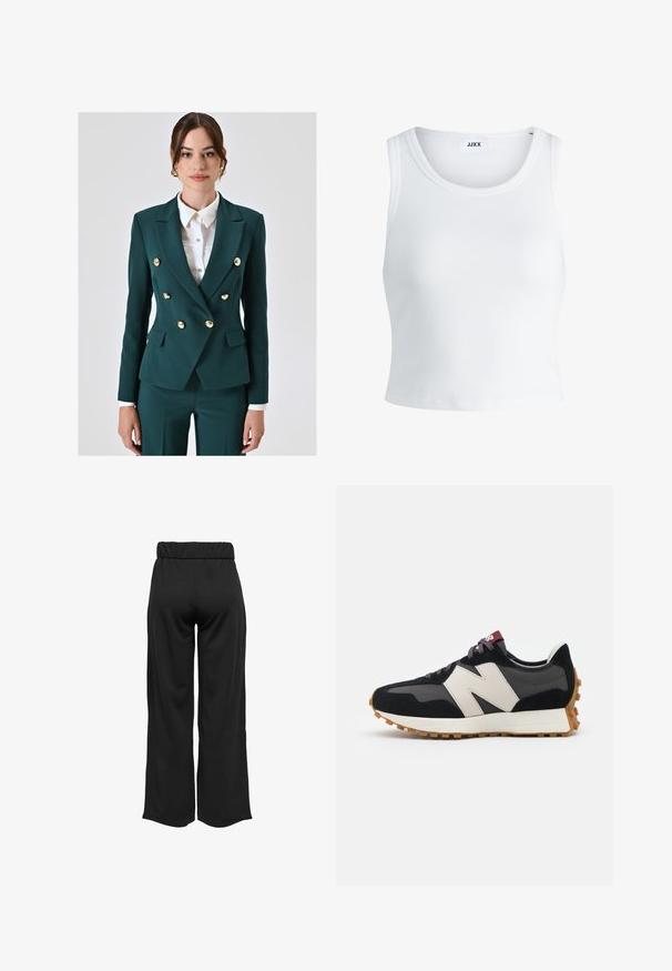 Teal dubbelstaande blazer met gouden knopen, geperforeerde revers en twee voorzakken. Gepaarde met een wit button-up shirt eronder.; Witte geribbelde tanktop met een ronde hals, zonder mouwen en een cropped lengte. Label draagt "JJXX." Gladde stoftextuur.; Zwarte, wijde broek met een elastische tailleband, gemaakt van gladde stof. Heeft een strakke uitstraling zonder zakken of zichtbare stikseldetails.; Zwarte en grijze suède sneaker met een groot crèmekleurig "N"-logo, paarse veters en een gestructureerde rubberen zool van gum.