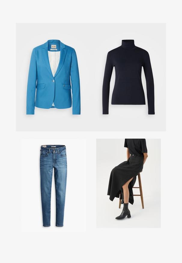 Mos Mosh BLAKE NIGHT - Bleizeris - bluesteel; Jūrinis turtlenckas ilgomis rankovėmis. Pagamintas iš minkštos medžiagos su lygiu paviršiumi. Turi prigludusį dizainą ir aukštą apykaklę be matomų siūlių.; Aukštos liemens, liesos džinsai šviesiai mėlynos spalvos. Yra penki kišenės, priekinis sagų uždarymas ir klasikinis siuvimo detalė visame džinsų paviršiuje.; Juoda lininė maksi sijonas su aukštu plyšiu, vilkimas su juodu marškinėliu ir juodais aulinukais. Minimalistinis dizainas su laisvu siluetu.