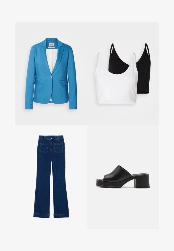 Mos Mosh BLAKE NIGHT - Blazer - bluesteel; Two cotton crop tops in white and black. Each has a deep neckline and thin shoulder straps, featuring a smooth, soft texture.; Denim flared jeans in dark blue with a smooth texture, five-pocket design, and a button closure at the waist.; Black leather platform mules with a rounded open toe, low block heel, and smooth texture. Minimalist design with sleek lines.