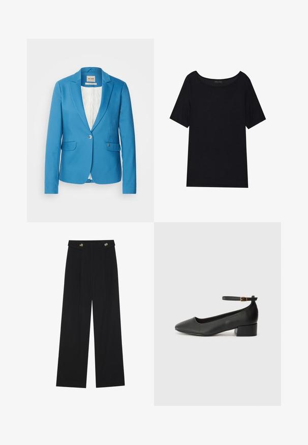 Mos Mosh BLAKE NIGHT - Žakete - bluesteel; Melns īsām piedurknēm T-krekls ar plašu kakla izgriezumu. Izgatavots no mīksta, viegla auduma. Vienkāršs dizains bez rakstiem vai akcentiem.; Melnas platās bikses ar augstu jostasvietu, pogu detaļām uz jostas un priekšējām krokām.; Melnas ādas sūkņi ar smailu purngalu un zemu bloku papēdi. Iezīmēts ar potītes siksniņu ar zelta krāsas sprādzi. Gluda tekstūra.