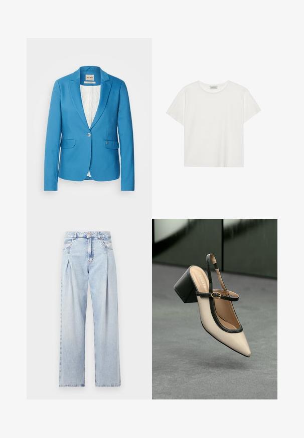 Mos Mosh BLAKE NIGHT - Blézer - bluesteel; Fehér, rövid ujjú póló, puha pamutból készült. Kerek nyakkivágással és laza szabással rendelkezik. Tiszta dizájn, látható minták vagy díszítések nélkül.; Világoskék farmernadrág magas derekú, bő szabású, két oldalsó zsebbel és pliszírozott dizájnnal. Puha tapintású, elhalványított felület.; Beige, hegyes orrú, pántos cipő fekete díszítéssel, arany csattal és vastag blokk sarokkal, szürke padlón, sötétzöld háttér előtt.