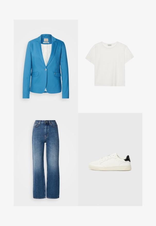 Mos Mosh BLAKE NIGHT - Bleizeris - bluesteel; Balta trumpa rankovė T-marškiniai, pagaminti iš minkštos medvilnės. Charakterizuojami apvali kaklo iškirpte ir laisvu siluetu. Švarus dizainas be matomų raštų ar akcentų.; Aukštos juosmens, plačių klešnių mėlynos džinsinės kelnės su gradientiniu plovimu, varinėmis siūlėmis, priekyje esančiu knopkiniu užsegimu ir penkiais kišenėmis.; Baltos odinės sportinės bateliai su apvaliais pirštais, su raišteliais priekyje, perforuotomis detalėmis ir juodu kulno akcentu. Strukturizuota guma padas.