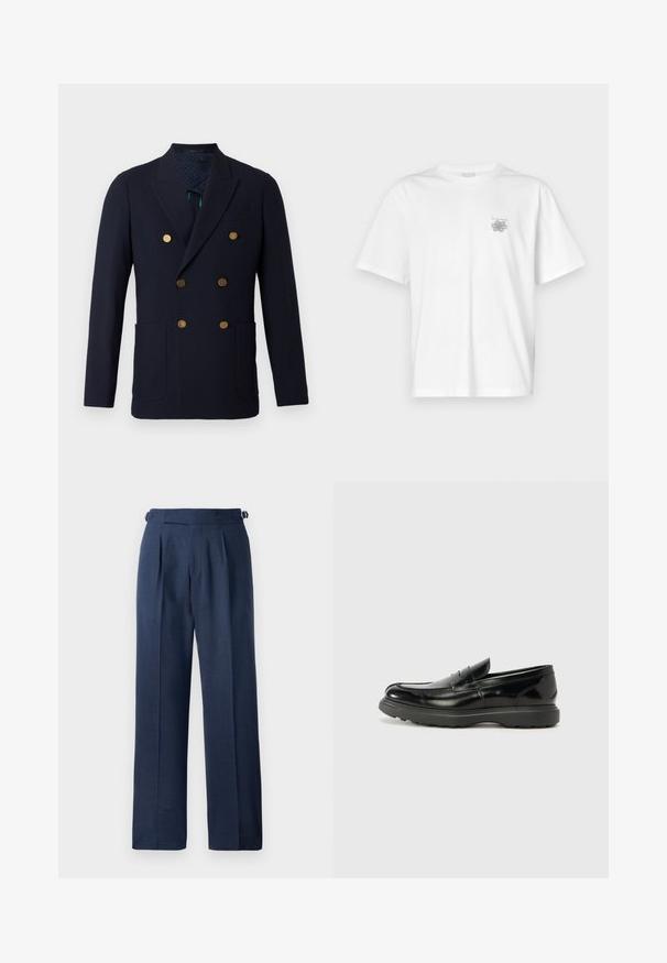 Blazer doppiopetto navy in lana, con bottoni dorati, due tasche frontali e fodera in tessuto a motivo.; T-shirt bianca in cotone con maniche corte, colletto tondo e un piccolo logo grigio nella zona sinistra del petto. Texture liscia.; Pantaloni su misura blu navy, realizzati in tessuto texturizzato, con vita alta, pinces e cinturini laterali regolabili per una vestibilità perfetta.; Mocassino in pelle nera con finitura lucida, punta arrotondata, dettagli di cucitura sottili e suola in gomma spessa per una maggiore durata.