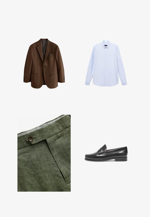 Giacca di tweed marrone con risvolto appuntito, due tasche frontali e dettagli con quattro bottoni sui polsini. Interno foderato con particolare per fazzoletto.; Camicia azzurra a maniche lunghe con colletto classico, orlo dritto e una trama sottile. Presenta una chiusura centrale con bottoni.; Pantaloni in lino verde oliva con piega frontale, dotati di chiusura con bottone e una fodera a quadretti a contrasto nella cintura.; Mocassini di pelle nera con punta arrotondata, dettagli cuciti e una piccola fascia decorativa. Suola piatta con un leggero tacco. Texture liscia.